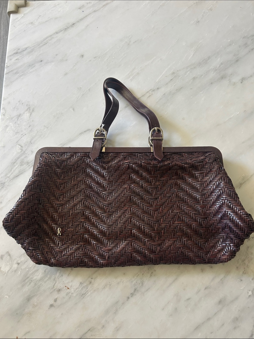 Roberta di Camerino Leather Chevron Pattern Dark Brown Woven Shoulder Bag